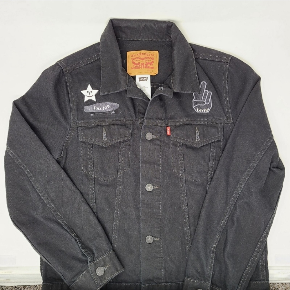 Levi's Trucker Denim Jean Jacket Peace Love Youth Kids Black Retro Vintage Lg